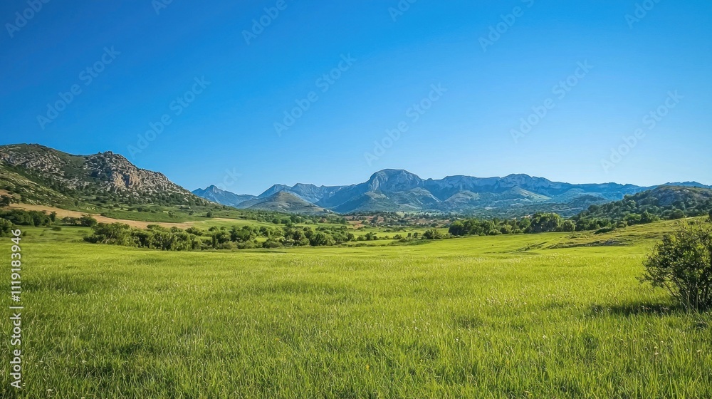 A lush green meadow with mountains in the distance, a peaceful nature background under a clear blue sky A lush green meadow with mountains in the distance, a peaceful nature background under a clear blue sky