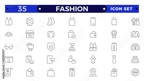 Clothing Outline icon set. Dress, polo t-shirt, jeans, winter coat, jacket pants, skirt minimal vector illustrations. Simple outline signs for fashion application. Fashion, sewing, clothing.