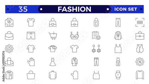 Clothing Outline icon set. Dress, polo t-shirt, jeans, winter coat, jacket pants, skirt minimal vector illustrations. Simple outline signs for fashion application. Fashion, sewing, clothing.