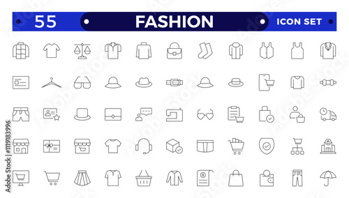 Clothing Outline icon set. Dress, polo t-shirt, jeans, winter coat, jacket pants, skirt minimal vector illustrations. Simple outline signs for fashion application. Fashion, sewing, clothing.