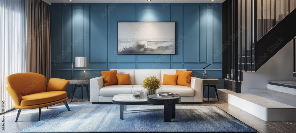 Modern Living Room Interior Design with Blue Walls and Orange Accents Modern Living Room Interior Design with Blue Walls and Orange Accents
