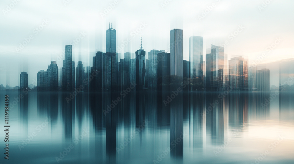 City skyline reflection at twilight with blurred motion effect over water City skyline reflection at twilight with blurred motion effect over water