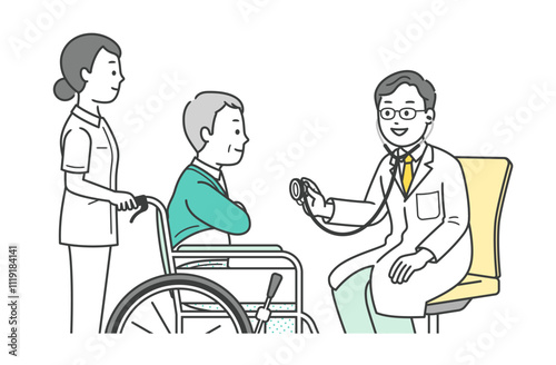 病院で診察を受ける高齢男性と付き添いの看護師と医師のイラスト