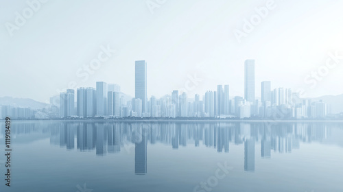 Modern skyline reflected in calm waters during a hazy morning