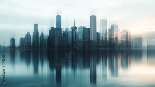 City skyline reflection at twilight with blurred motion effect over water