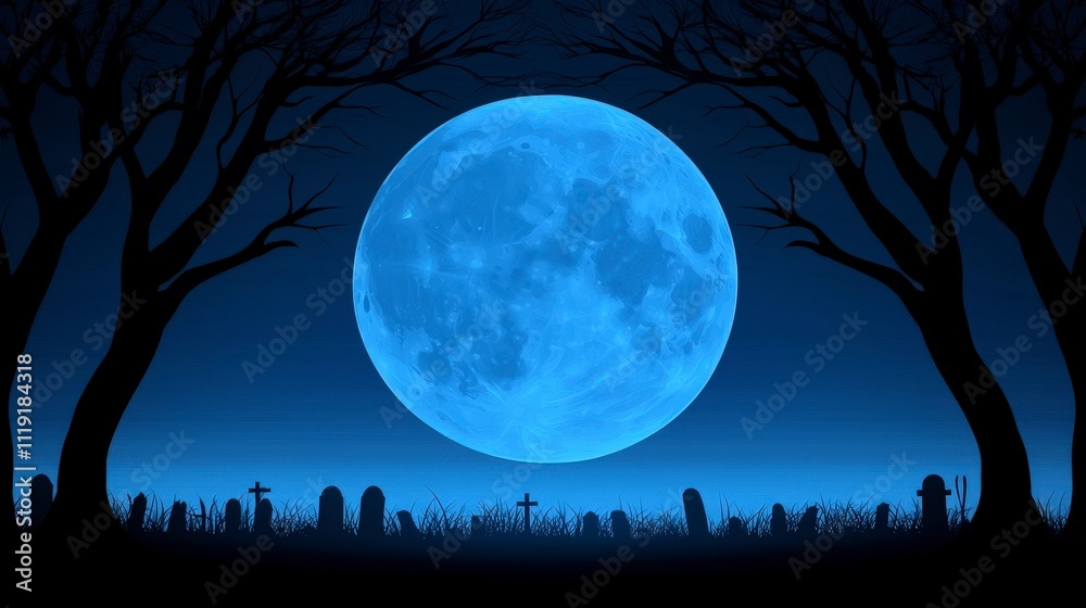 Halloween Night Blue Moon over Cemetery Spooky Graveyard Scene Halloween Night Blue Moon over Cemetery Spooky Graveyard Scene