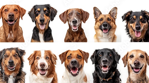 Happy smiling adult dogs of different breeds isolated on white background