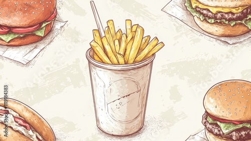 90.Seamless Pattern with Fast Food Sketches: