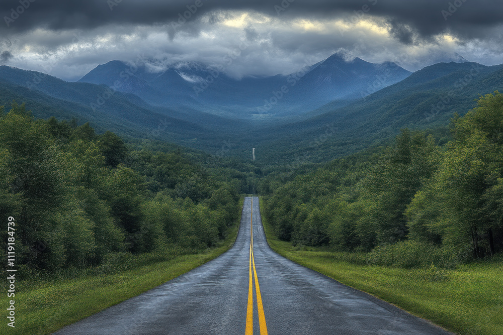Empty highway road leading to misty mountains. Empty highway road leading to misty mountains.
