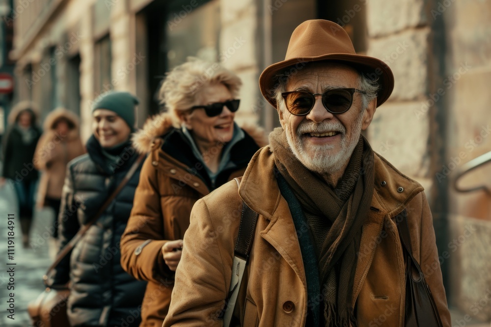 Portrait of an elderly man in a hat and sunglasses on the street Portrait of an elderly man in a hat and sunglasses on the street