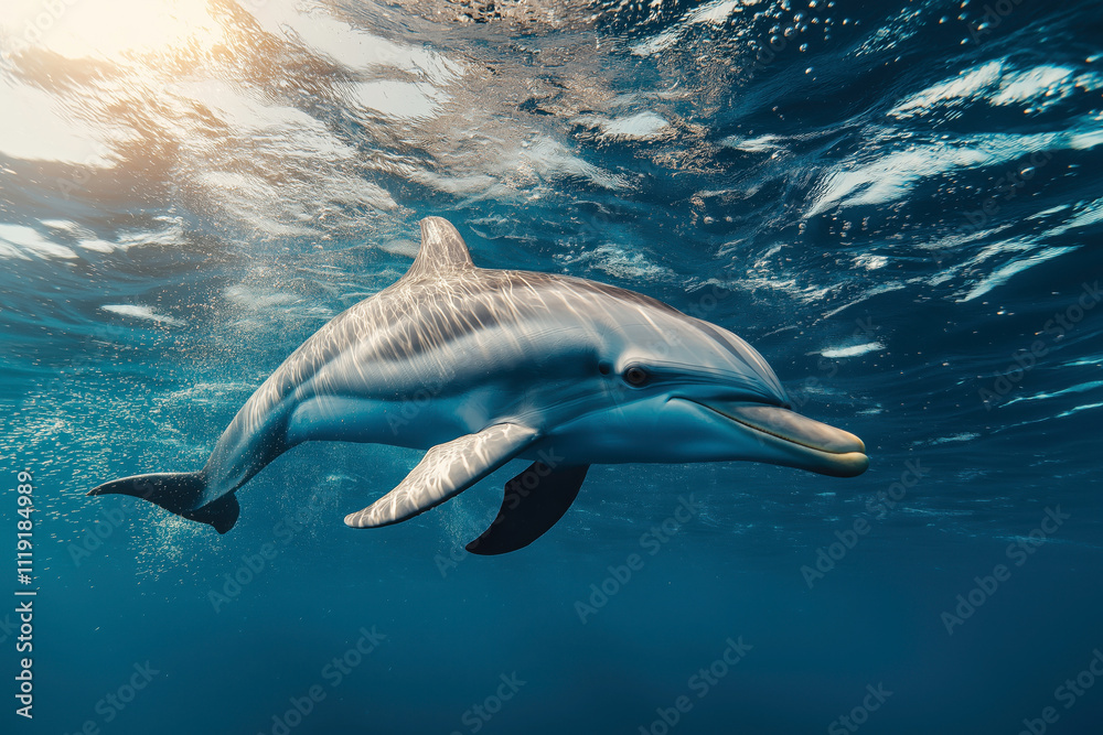 Fototapeta premium Dolphin Swimming Under Sunlit Ocean Surface