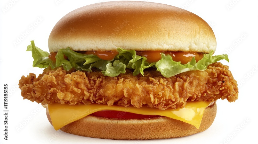 105.A mouthwatering burger featuring a golden, crispy fried chicken fillet topped with fresh lettuce, tomatoes, and a slice of melted cheese, all sandwiched between a lightly toasted bun. The crispy 105.A mouthwatering burger featuring a golden, crispy fried chicken fillet topped with fresh lettuce, tomatoes, and a slice of melted cheese, all sandwiched between a lightly toasted bun. The crispy