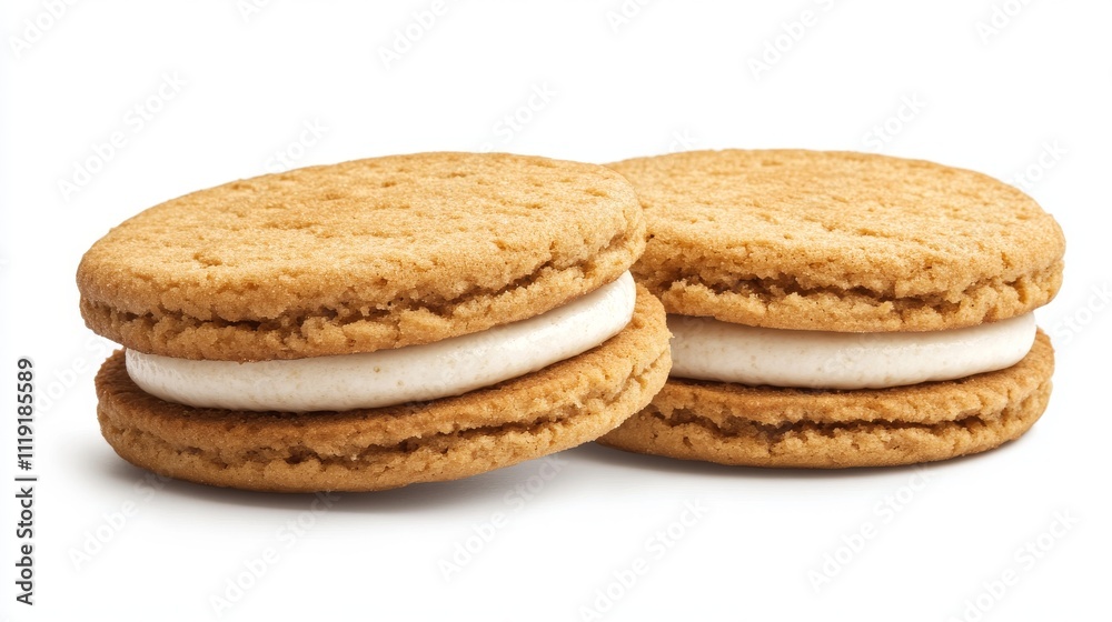 115.A high-resolution image of two sandwich cookies side by side on a pure white background. The cookies have a golden-brown, crunchy exterior with a creamy filling visible between the two layers. 115.A high-resolution image of two sandwich cookies side by side on a pure white background. The cookies have a golden-brown, crunchy exterior with a creamy filling visible between the two layers.