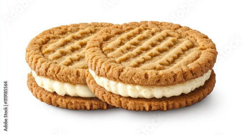 115.A high-resolution image of two sandwich cookies side by side on a pure white background. The cookies have a golden-brown, crunchy exterior with a creamy filling visible between the two layers.