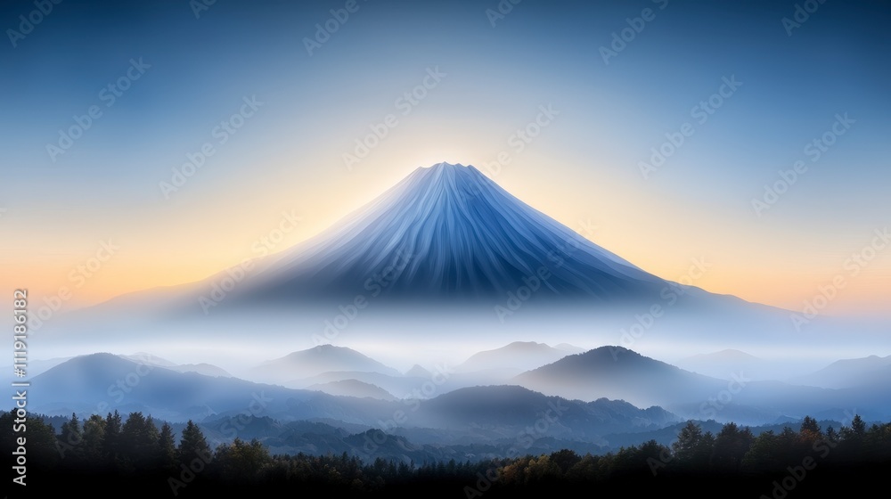 Serene Sunrise Majestic Mountain Peak in Misty Landscape Serene Sunrise Majestic Mountain Peak in Misty Landscape