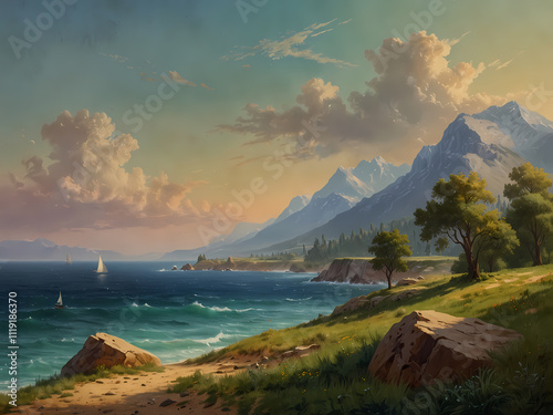 Wunderschöne Küstenlandschaft mit Bergen, Wolken und Segelboot bei Sonnenuntergang