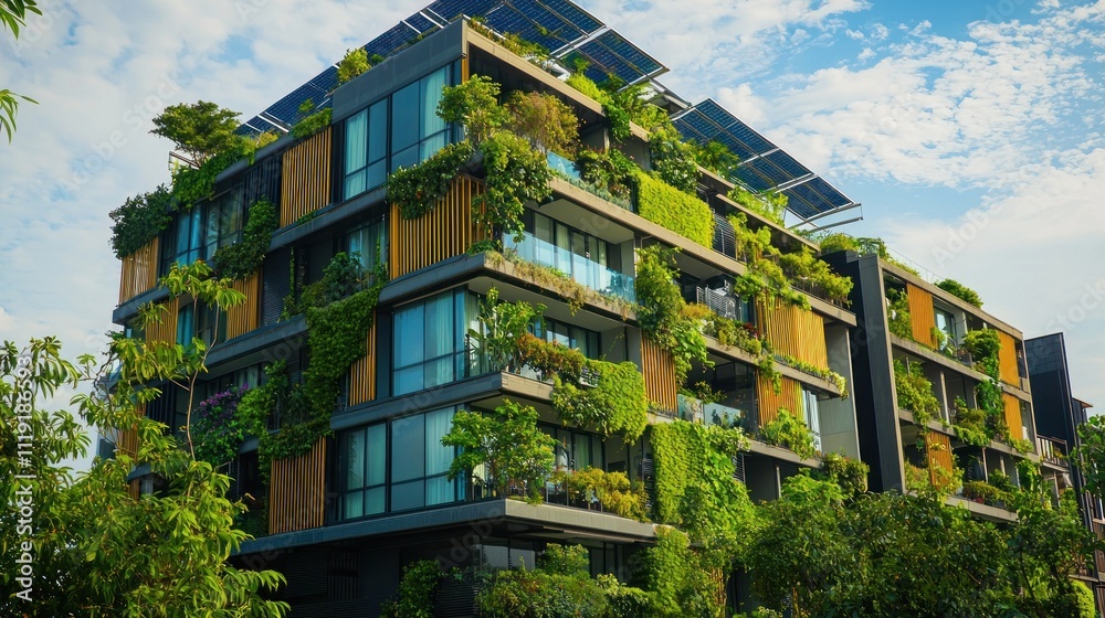 A modern building featuring green design elements, including solar panels, rooftop gardens, and energy-efficient windows. A modern building featuring green design elements, including solar panels, rooftop gardens, and energy-efficient windows.