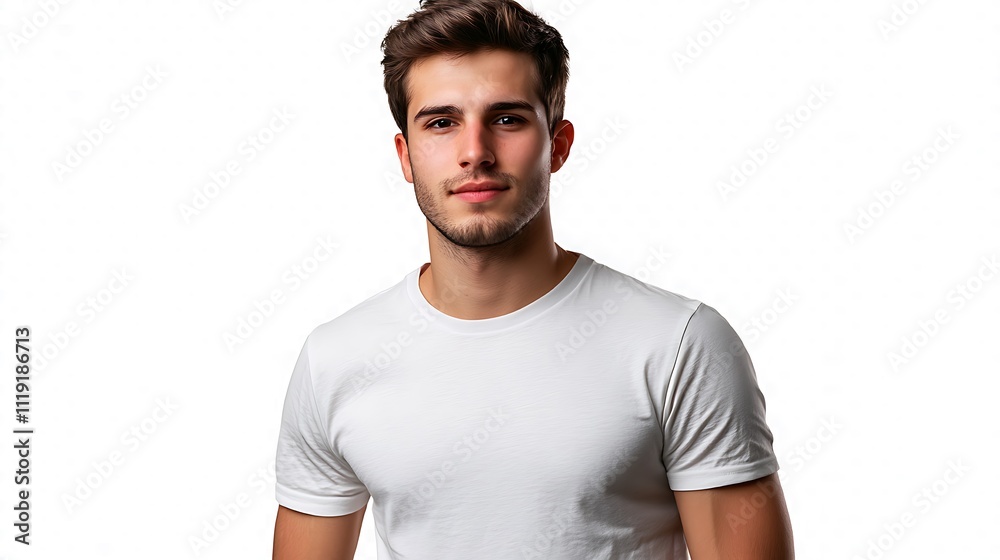 Male model wearing a T-shirt isolated on transparent white background Male model wearing a T-shirt isolated on transparent white background