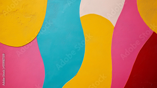 Colorful abstract wall design featuring vibrant shapes and curves in various hues