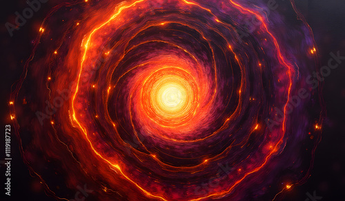 A radiant cosmic vortex with glowing orange and red spirals, surrounded by intense purple hues, creating an impression of fiery energy in deep space. photo