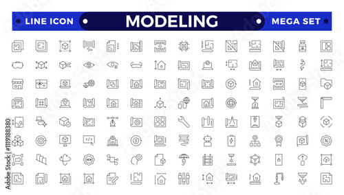 Modeling outline icon set. Architectural planning icon collection. Planning, scheme, dimension, project, measurement, floor plan and more.
