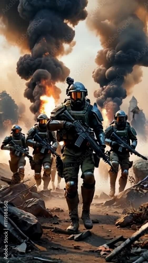 Armed soldiers running in a battlefield with explosions, depicting intense combat action. Armed soldiers running in a battlefield with explosions, depicting intense combat action.