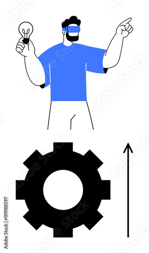 Man with virtual reality headset holds light bulb and points forward. Gear below with upward arrow. Ideal for innovation technology, progress, future vision, creativity, leadership, growth. Line