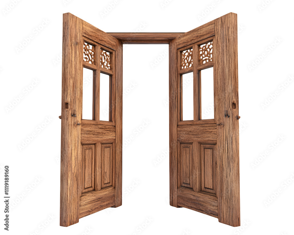 Open Wooden Double Doors with Intricate Carvings Open Wooden Double Doors with Intricate Carvings
