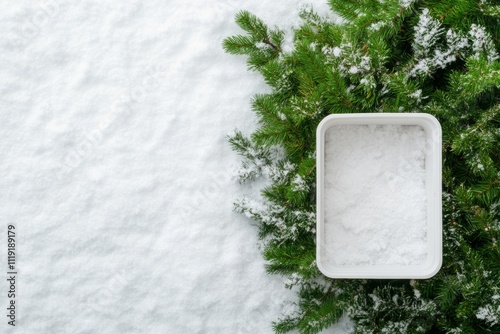 Winter Sustainability in Snowy Backyard Garden with Compost Bin and Frosted Foliage photo