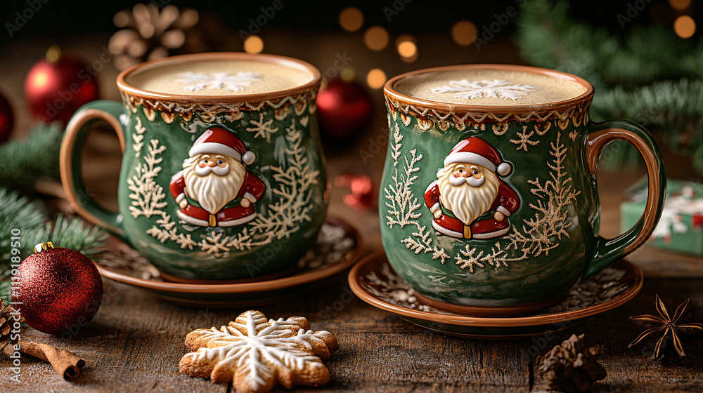 Festive Santa mugs with latte and Christmas decor. Festive Santa mugs with latte and Christmas decor.