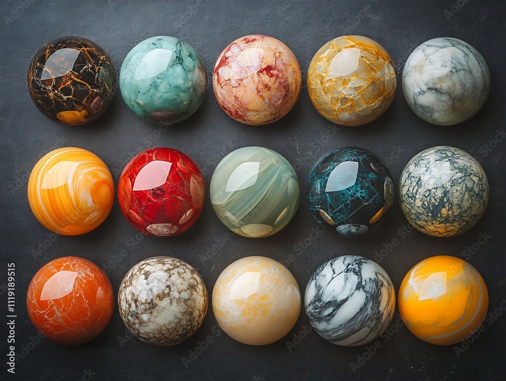 Collection of colorful polished gemstone spheres arranged in grid. Collection of colorful polished gemstone spheres arranged in grid.