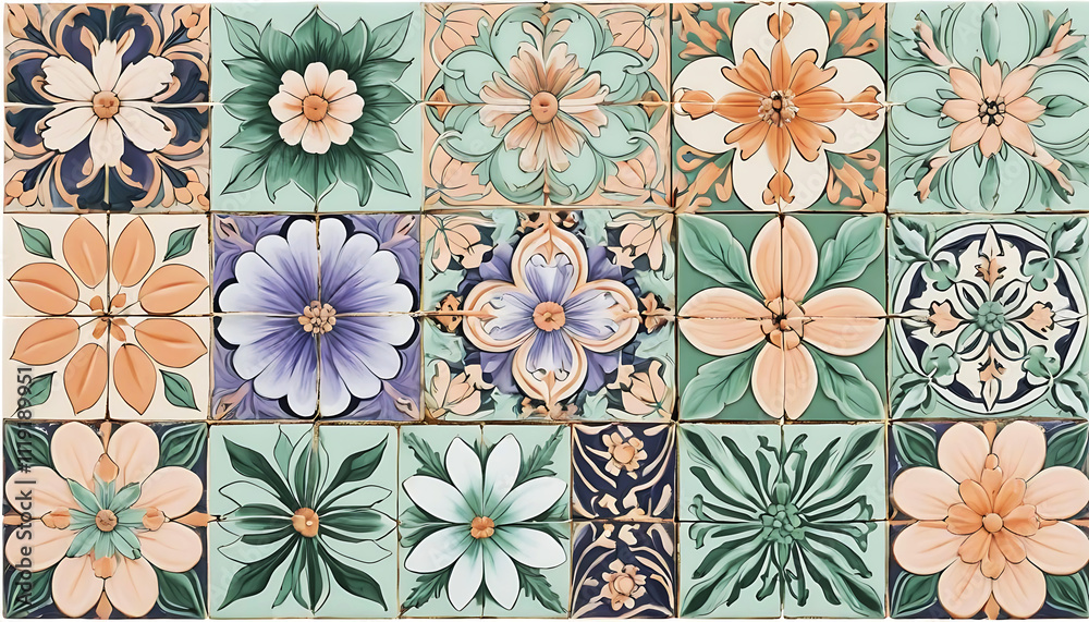 A set of tiles showcasing pastel shades like lavender, mint, and peach with finely detailed floral patterns