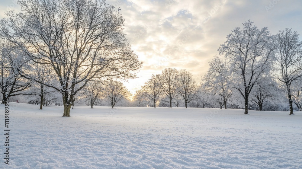 A peaceful winter scene with fresh snow blanketing the ground, trees covered in frost, and a soft, cloudy sky A peaceful winter scene with fresh snow blanketing the ground, trees covered in frost, and a soft, cloudy sky