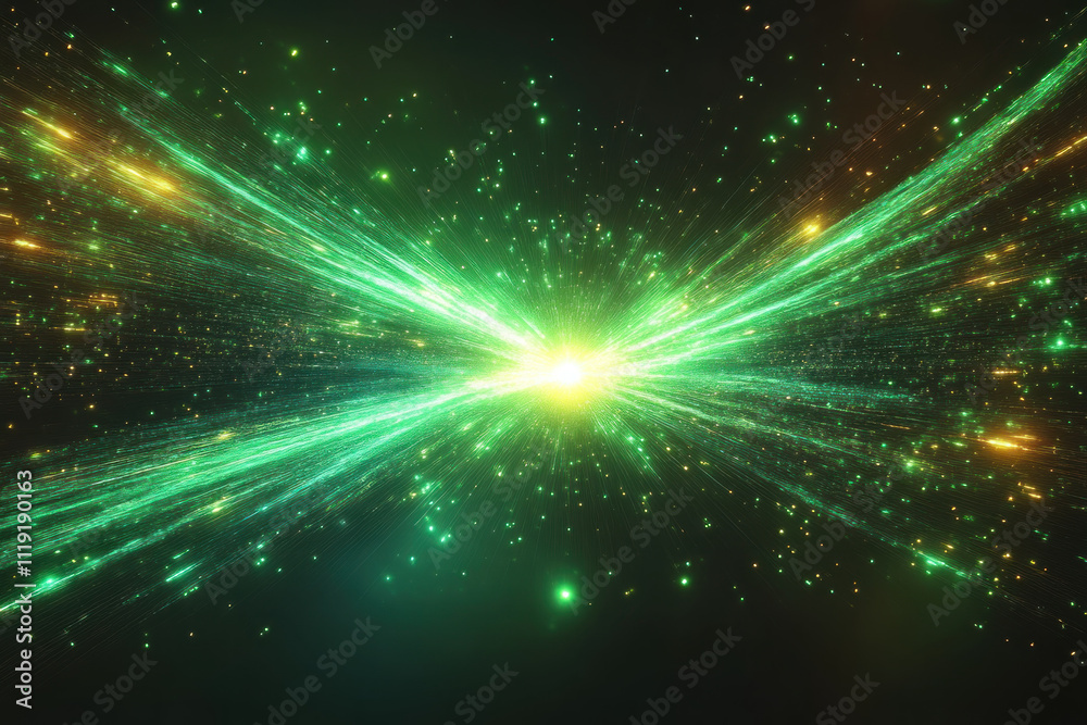 Green and gold light streaks burst from bright center.