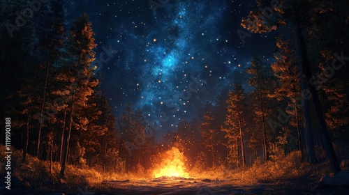 Campfire ablaze under a starry night sky in a pine forest. Perfect for illustrating tranquility, adventure, or magical themes.