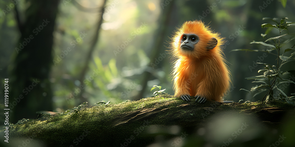 Golden Monkey Perched in a Misty Tropical Forest Golden Monkey Perched in a Misty Tropical Forest