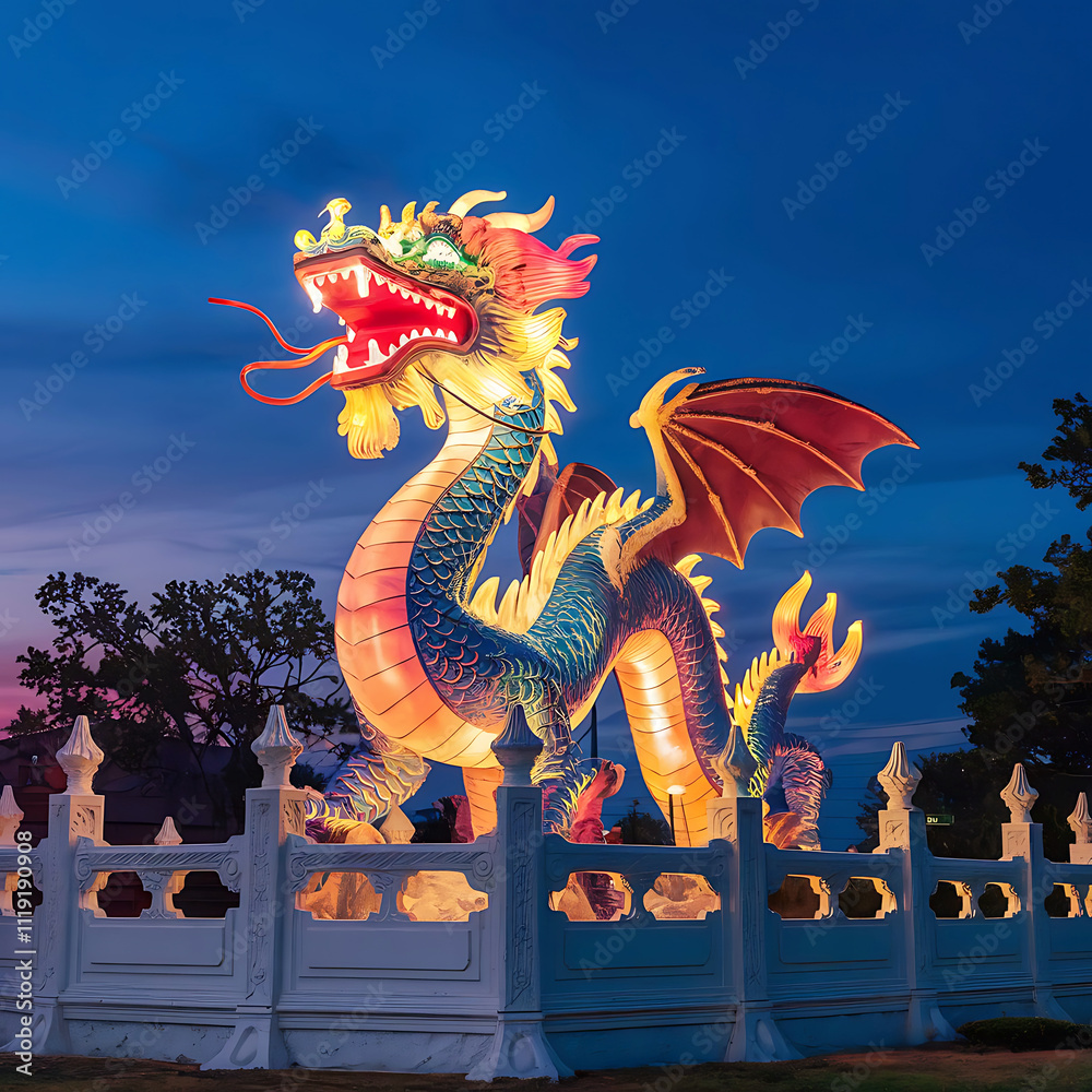 Fototapeta premium Chinese dragon glowing with light and beautiful twilight background concept of Chinese new year and lunar new year