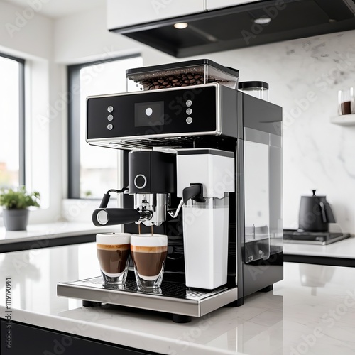 Sleek, modern coffee machine brewing two cups of espresso, enhancing a bright kitchen atmosphere with natural light. photo