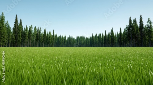 Lush green field bordered by tall pine trees under a clear sky.