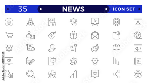 Media and news outline icons collection. Television, blogging, social media, video, promotion icons. UI icon set. Thin outline icons pack.  Containing journalist, press conference, newspaper.
