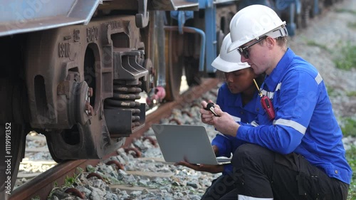4k Railway engineer under the inspection of the construction process of oil transport train and inspecting the railway work at the railway station with tablet Engineer wearing safety uniform and hard 