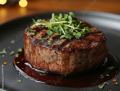 A beautifully grilled steak garnished with fresh herbs, resting on a plate with a rich sauce, showcasing a delicious meal.