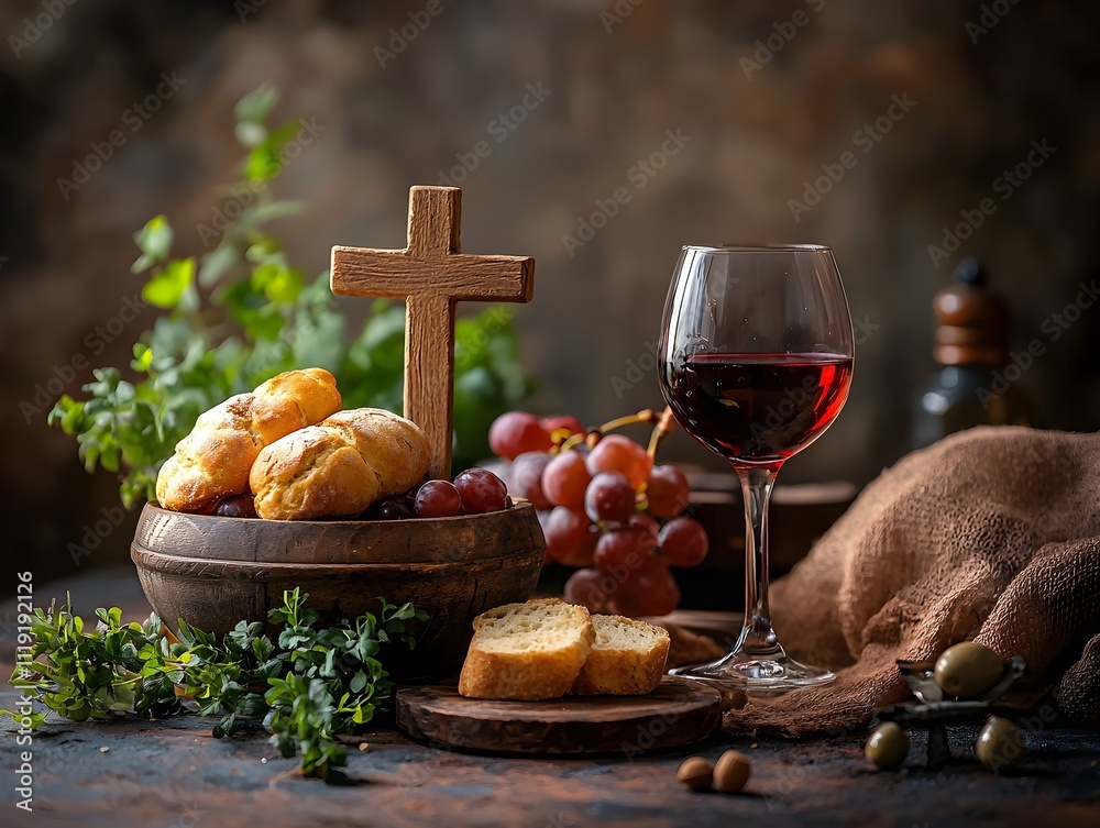 A small tiny peice of bread, a wooden cross and a goblet of wine A small tiny peice of bread, a wooden cross and a goblet of wine