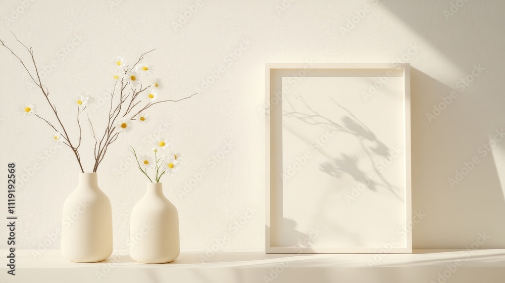 Modern Minimalist Spring Decor with Pastel Vases and Daisies in Bright Living Room Modern Minimalist Spring Decor with Pastel Vases and Daisies in Bright Living Room