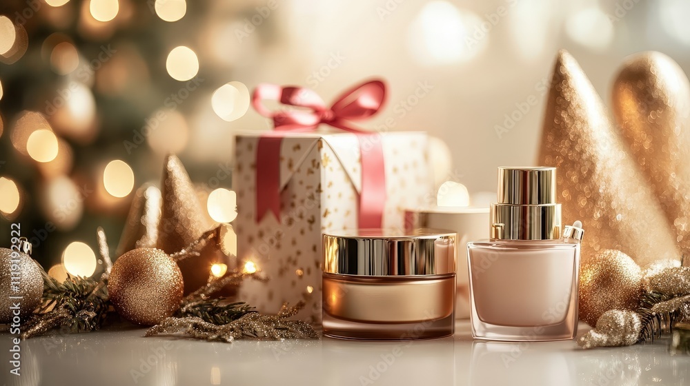 Luxurious beauty gift set with ribbons, placed on a festive background Luxurious beauty gift set with ribbons, placed on a festive background
