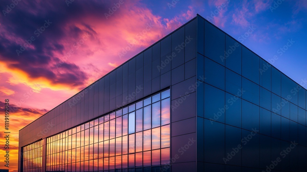 Modern building reflecting vibrant sunset. Modern building reflecting vibrant sunset.