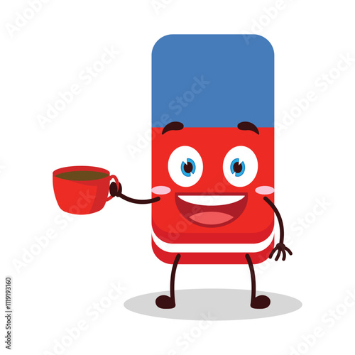 cute cheerful expression of eraser cartoon character carry cup of coffee