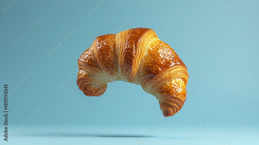 Perfectly Baked Croissant with Glossy Finish on Blue Background for Culinary and Food Photography Perfectly Baked Croissant with Glossy Finish on Blue Background for Culinary and Food Photography