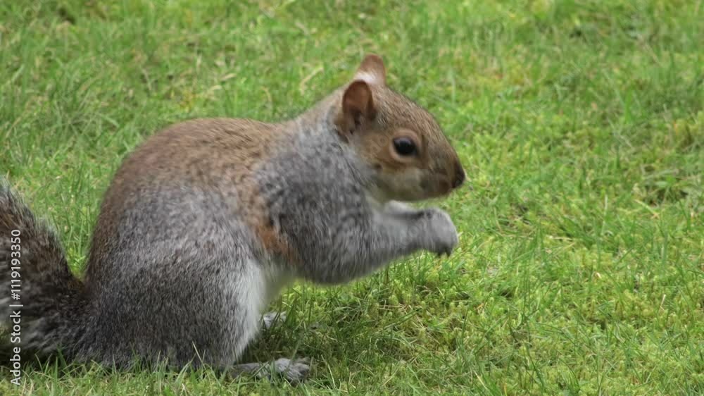 Grey Squirrel Close Up Holding And Eating Peanut On Grass Then Runs Away Daytime UK England, Hertfordshire, Borehamwood Grey Squirrel Close Up Holding And Eating Peanut On Grass Then Runs Away Daytime UK England, Hertfordshire, Borehamwood