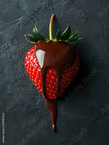 Close-Up View of Fresh Strawberry Topped with Melted Chocolate on Dark Surface